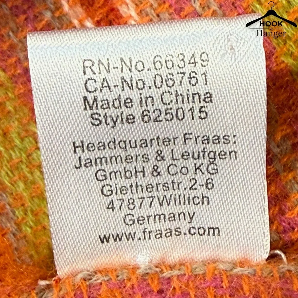 V. Fraas Plaid Blanket Square Scarf German Orange Pink Green Vibrant Wrap Fringe